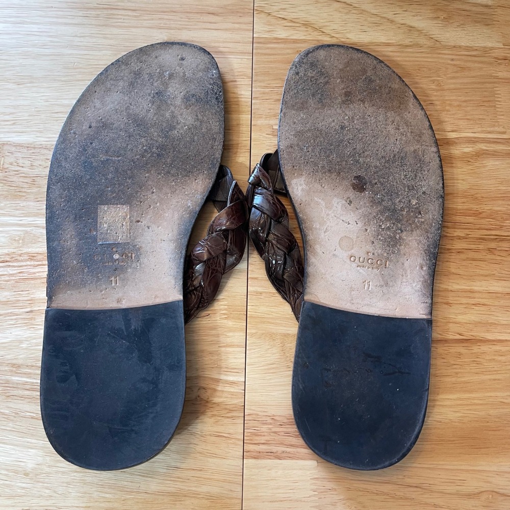 Gucci Mens Dark Brown Braided Leather Thong Sandals Flip Flops Made in Italy 11 - Picture 5 of 7